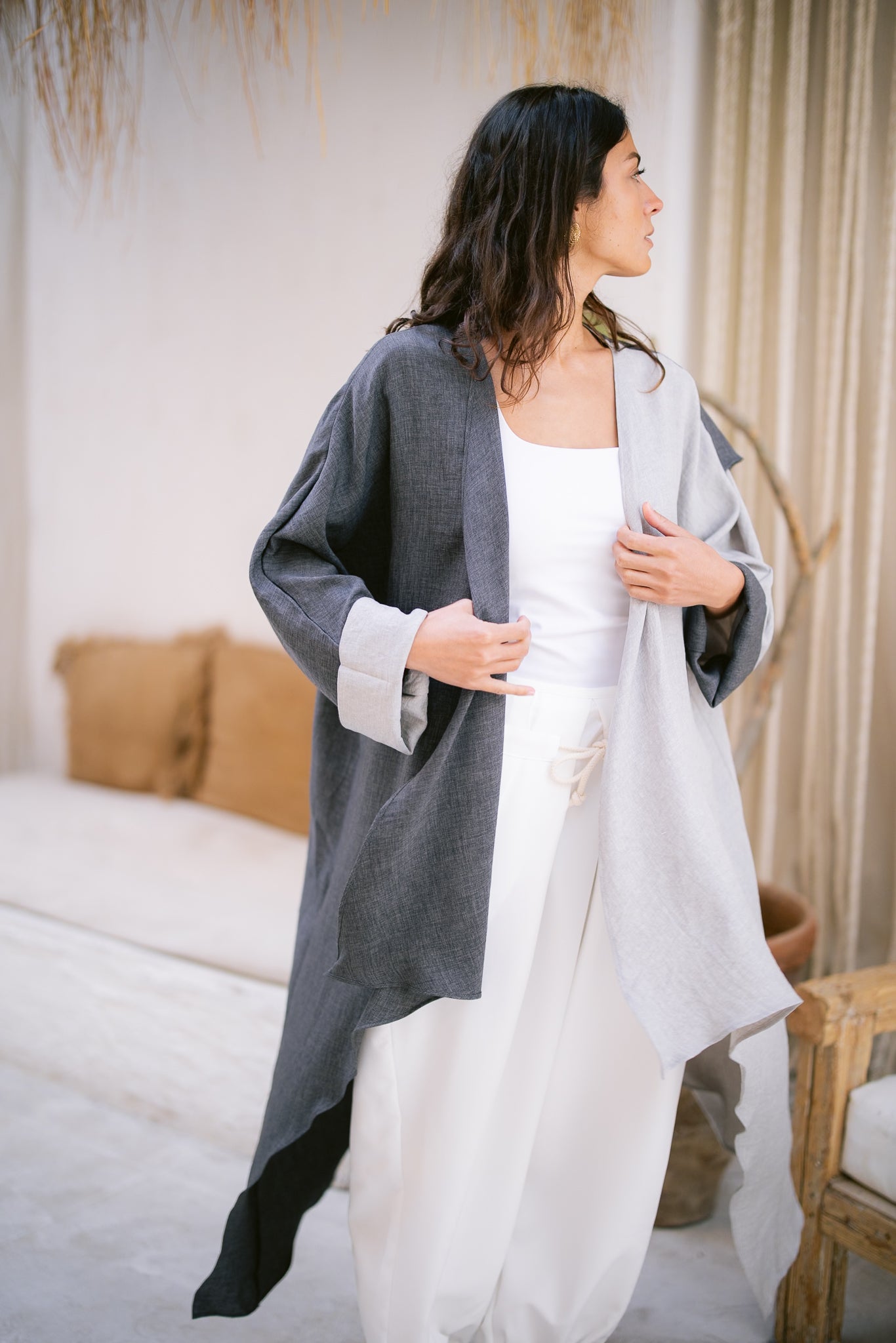 Dual Flowy Kimono - Light Grey/Dark Grey