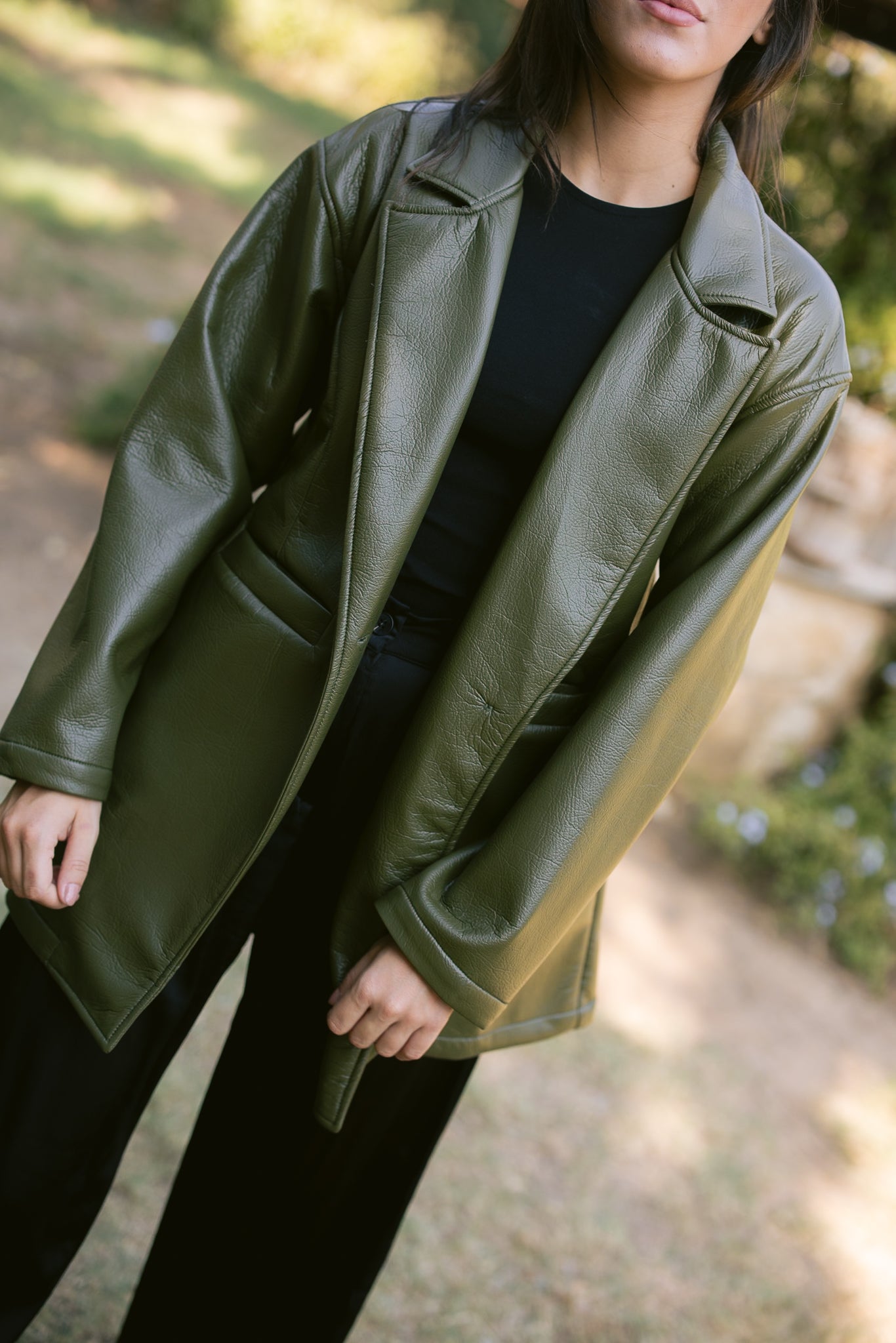 Tailored Leather Blazer - Olive