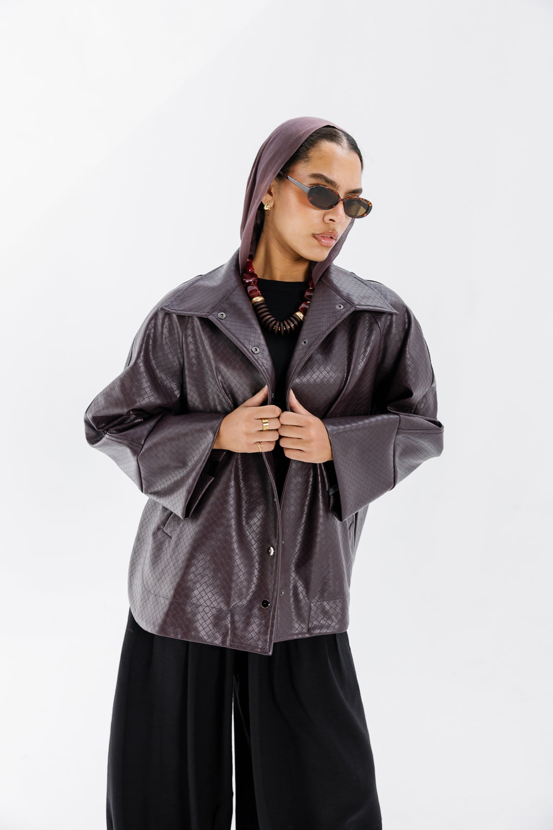 Interlaced Leather Jacket - Burgundy