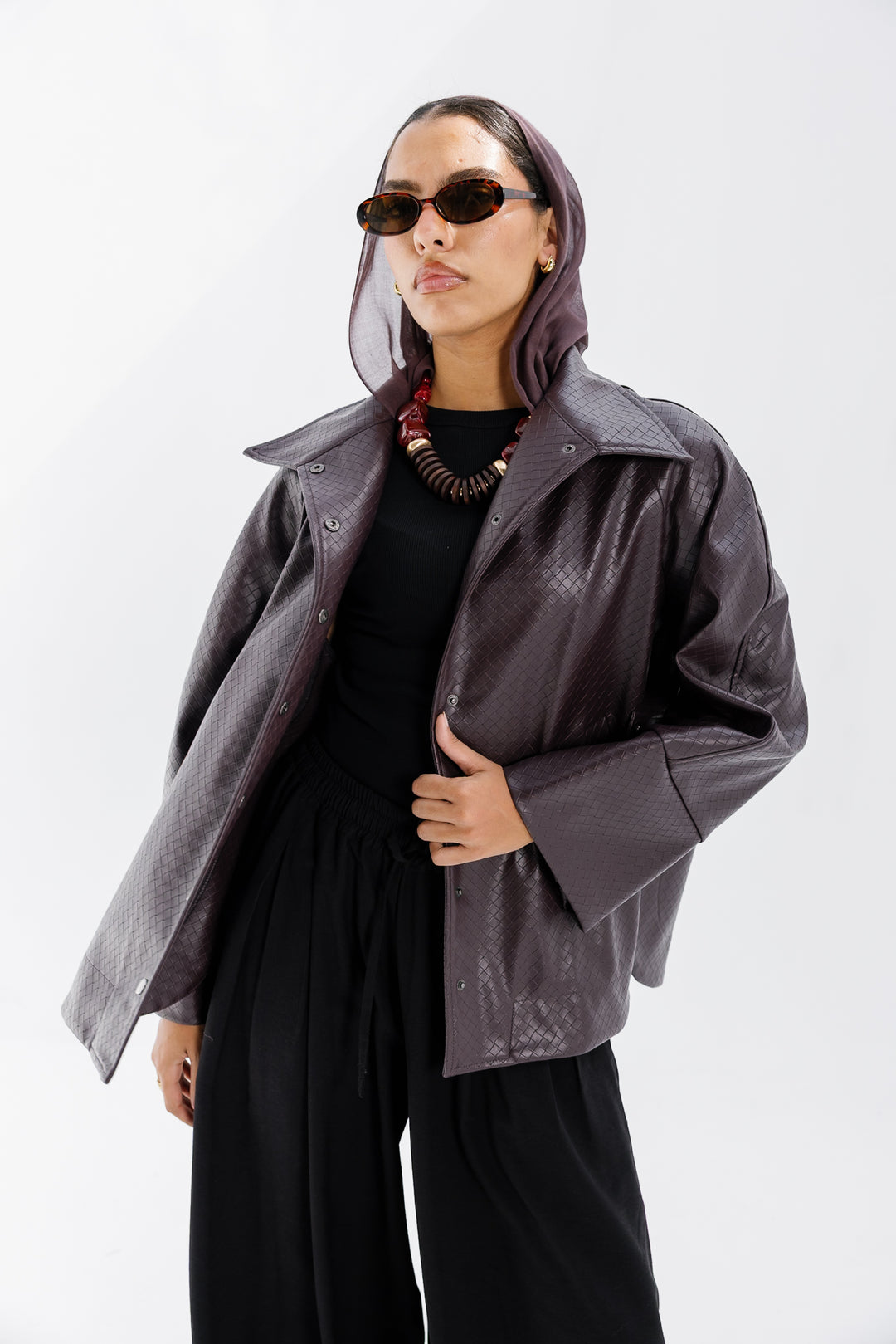 Interlaced Leather Jacket - Burgundy
