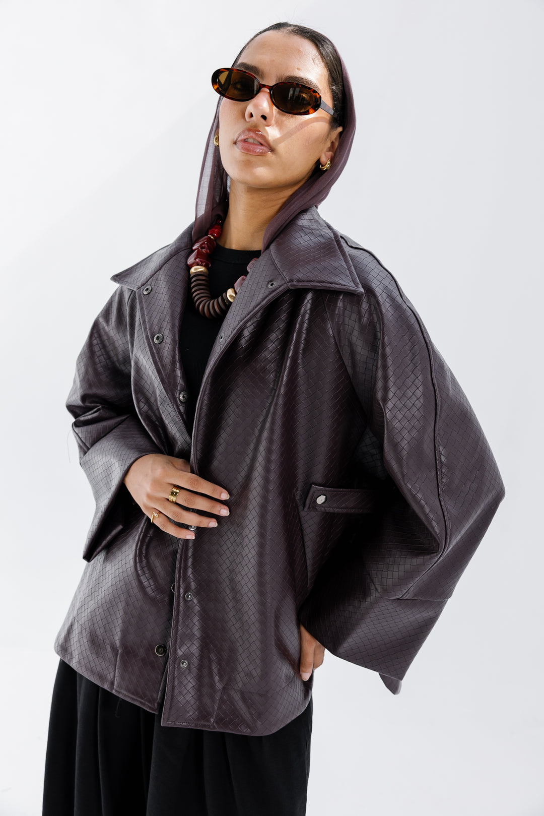 Interlaced Leather Jacket - Burgundy