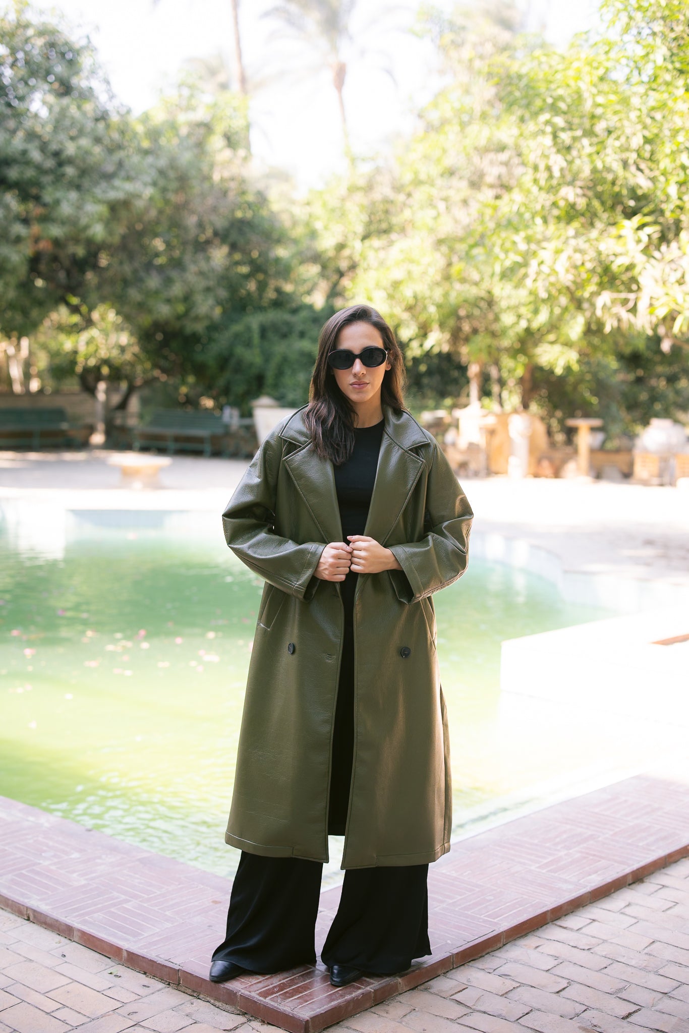 Double-Breasted Leather Coat - Olive