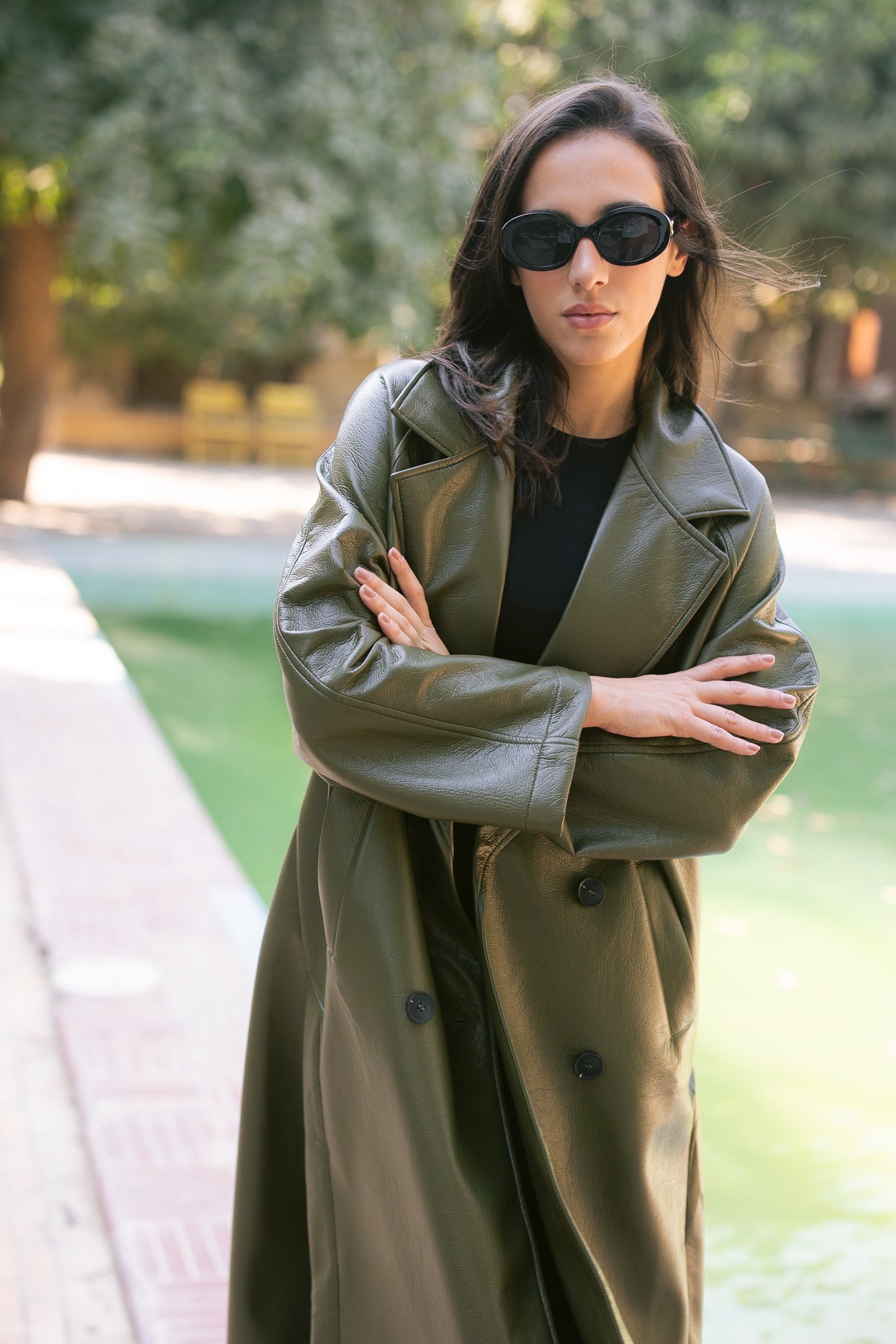 Double-Breasted Leather Coat - Olive