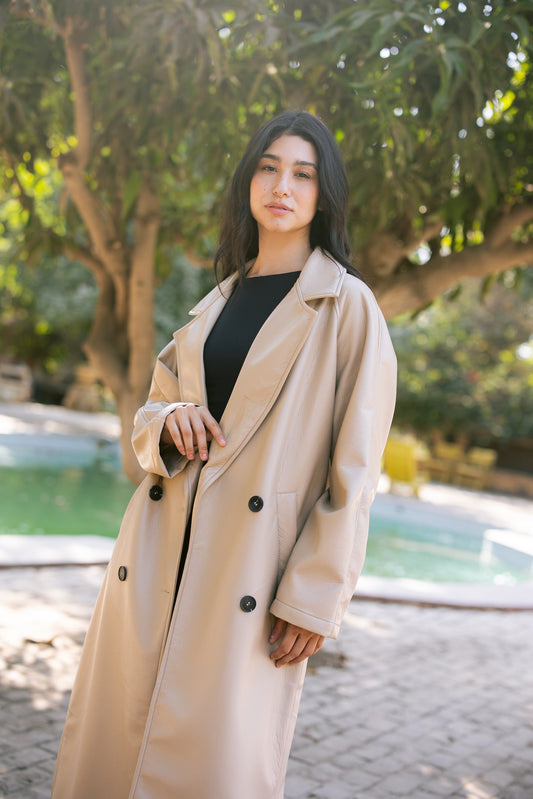 Double-Breasted Leather Coat - Beige