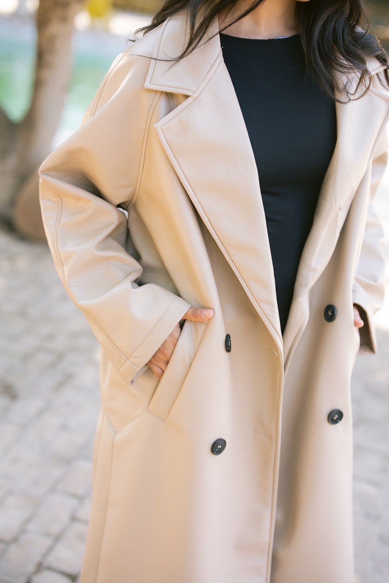 Double-Breasted Leather Coat - Beige