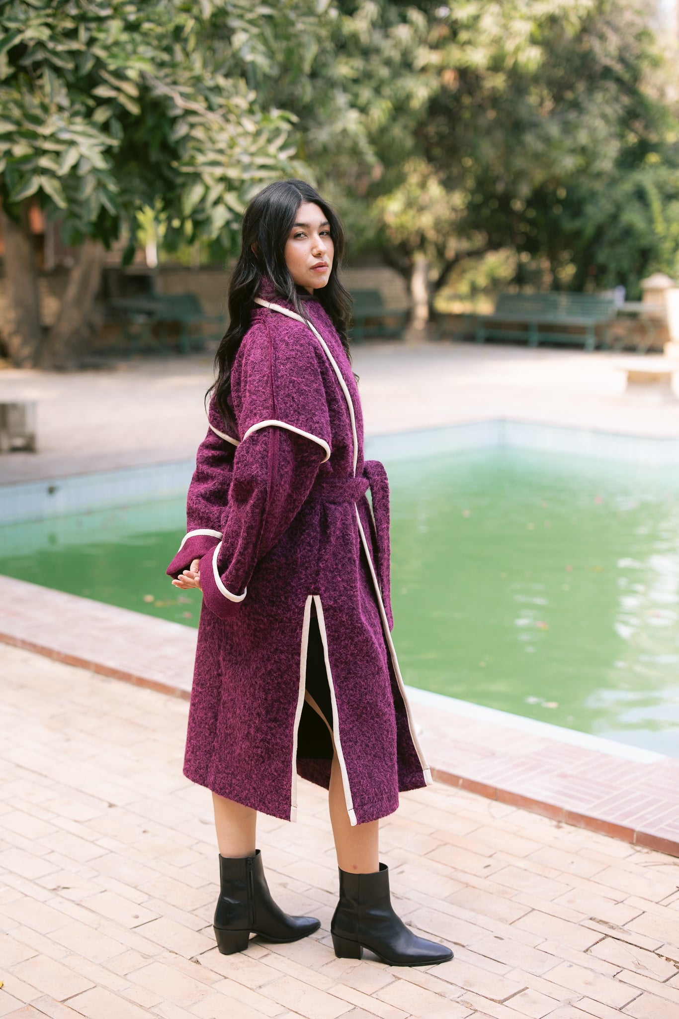 Edged Flipped Collar Coat - Burgundy