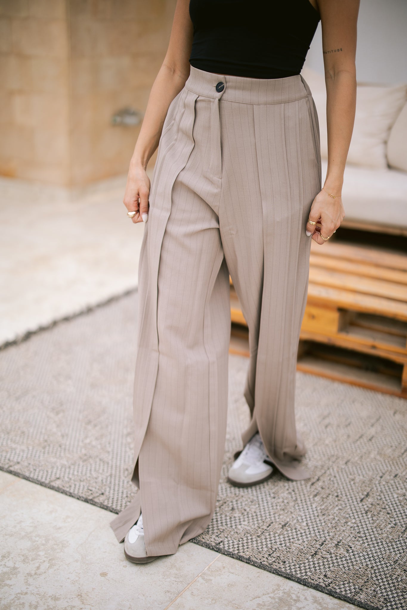 Striped Full Length Trousers with a Slit - Dark Beige
