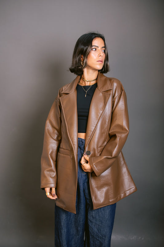 Tailored Leather Blazer - Brown