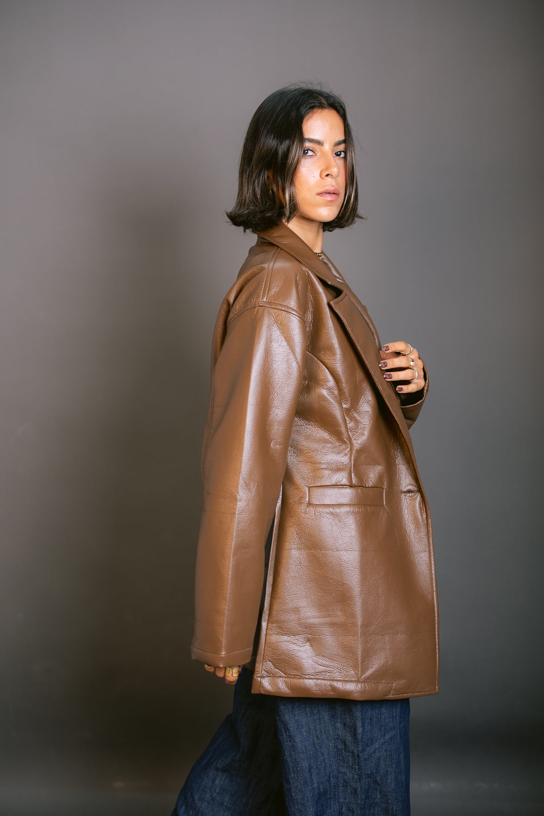 Tailored Leather Blazer - Brown