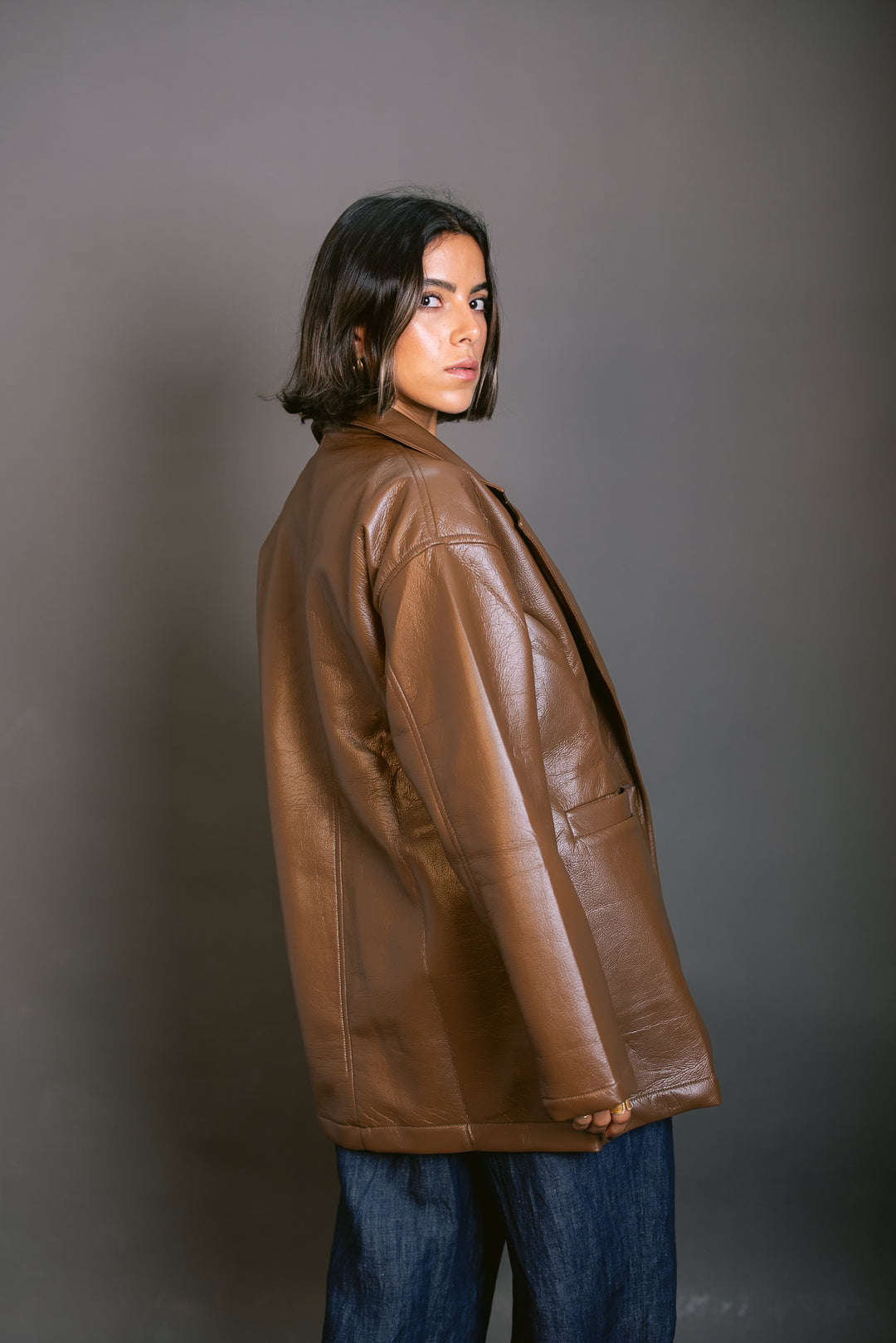 Tailored Leather Blazer - Brown