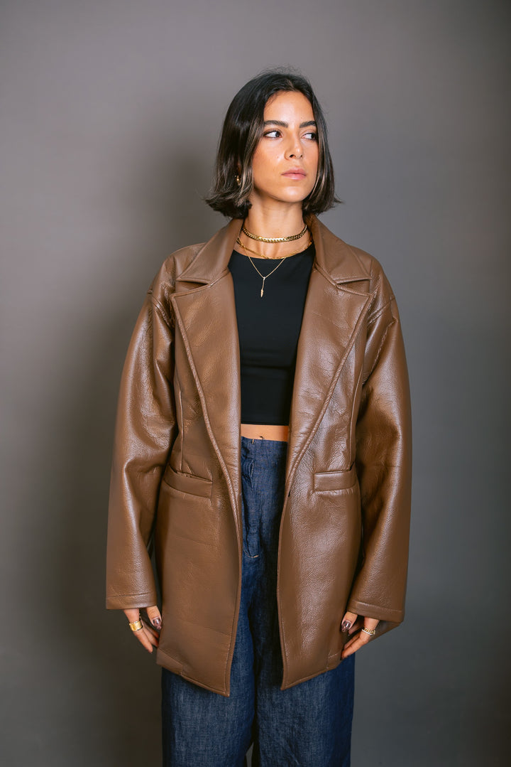 Tailored Leather Blazer - Brown