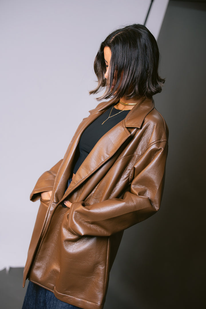 Tailored Leather Blazer - Brown