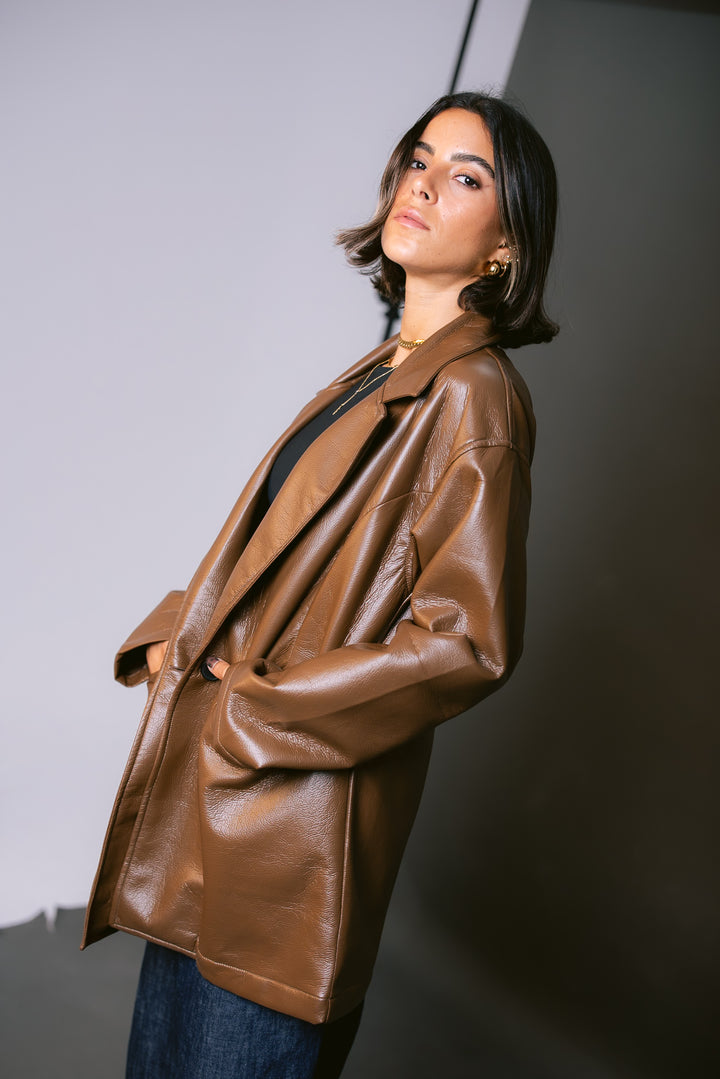 Tailored Leather Blazer - Brown