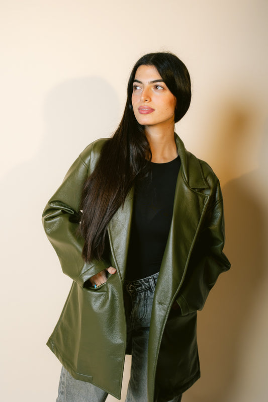 Tailored Leather Blazer - Olive