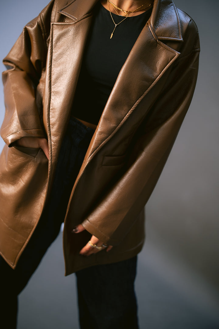 Tailored Leather Blazer - Brown