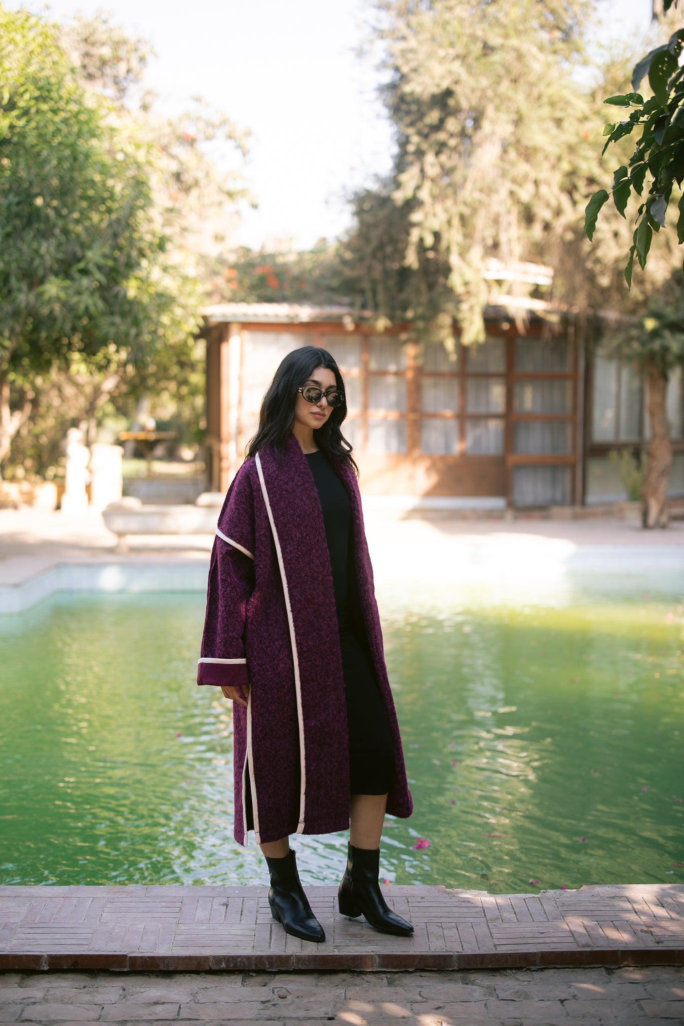 Edged Flipped Collar Coat - Burgundy