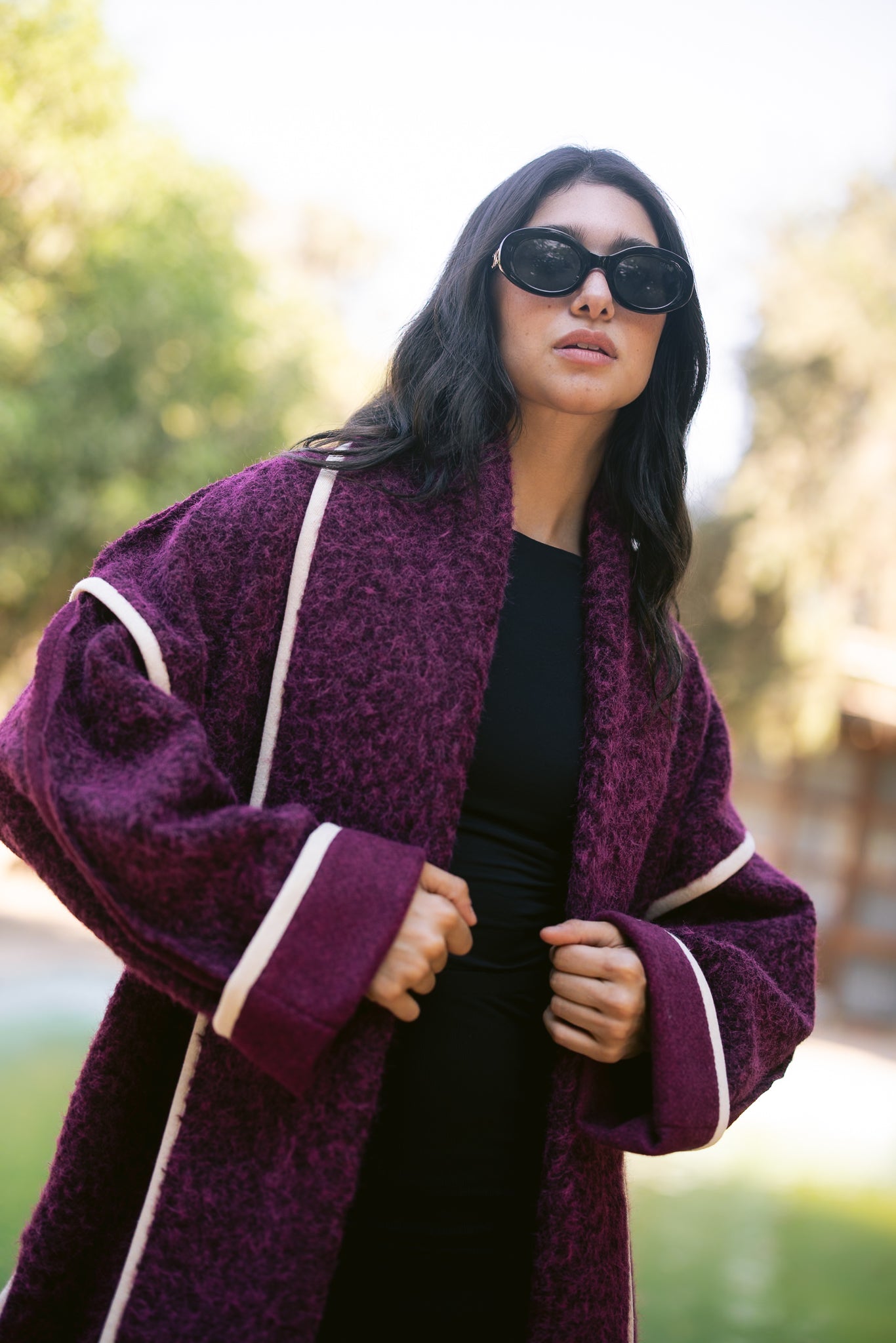 Edged Flipped Collar Coat - Burgundy