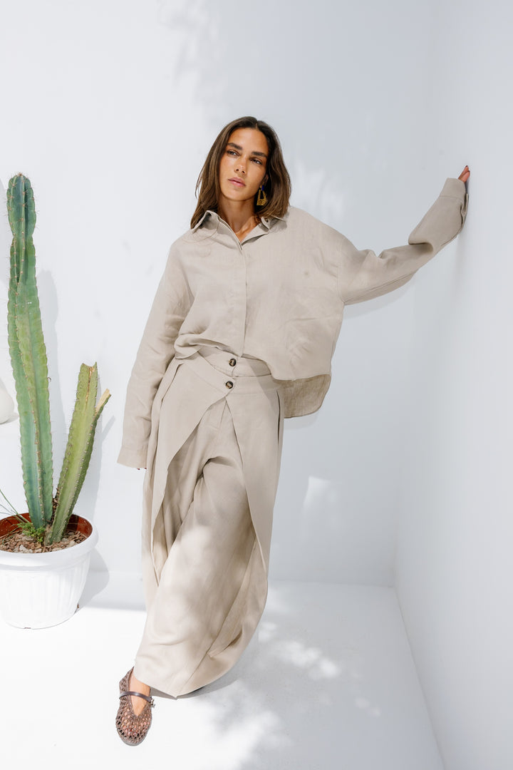 Double Buttoned Linen Pants - Beige