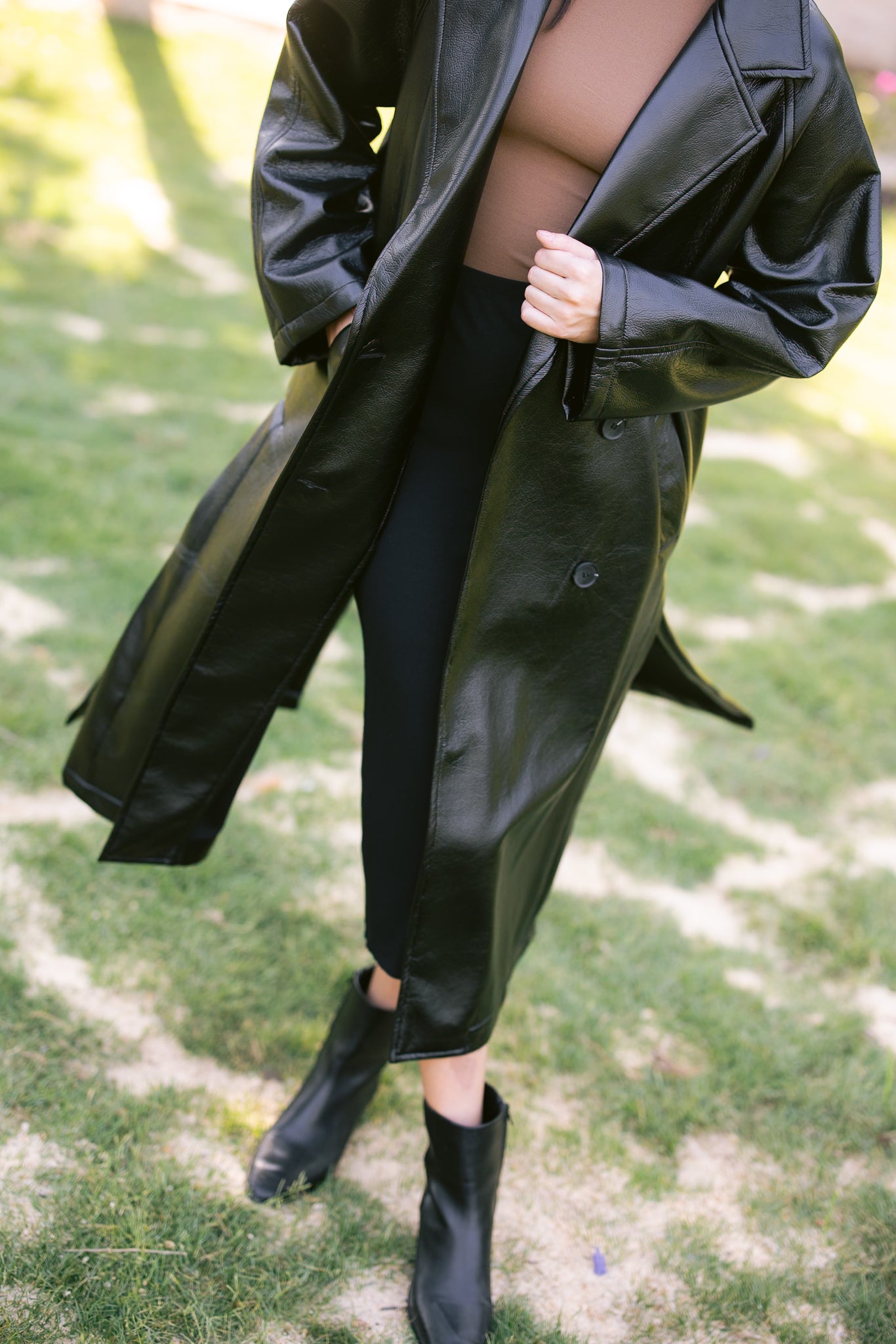 Double-Breasted Leather Coat - Black