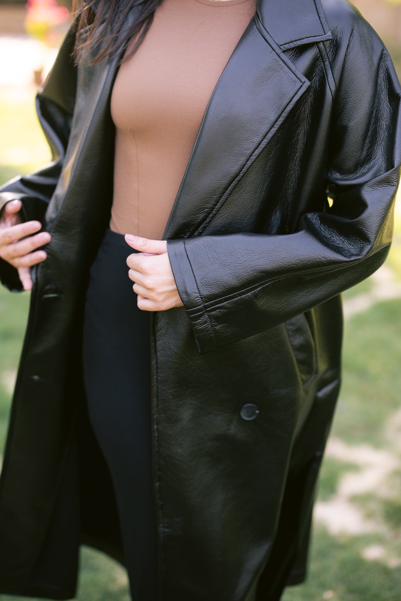 Double-Breasted Leather Coat - Black