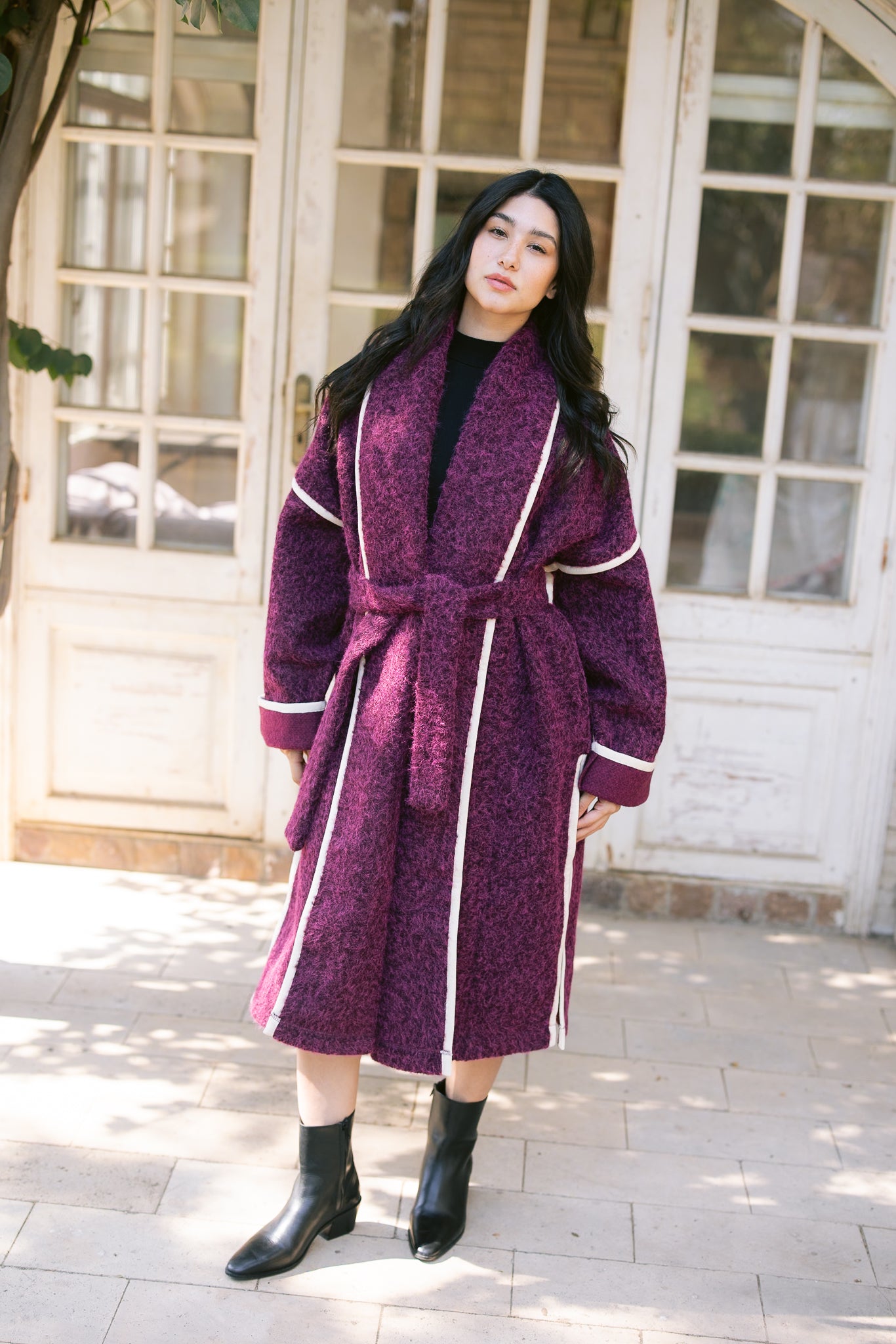 Edged Flipped Collar Coat - Burgundy