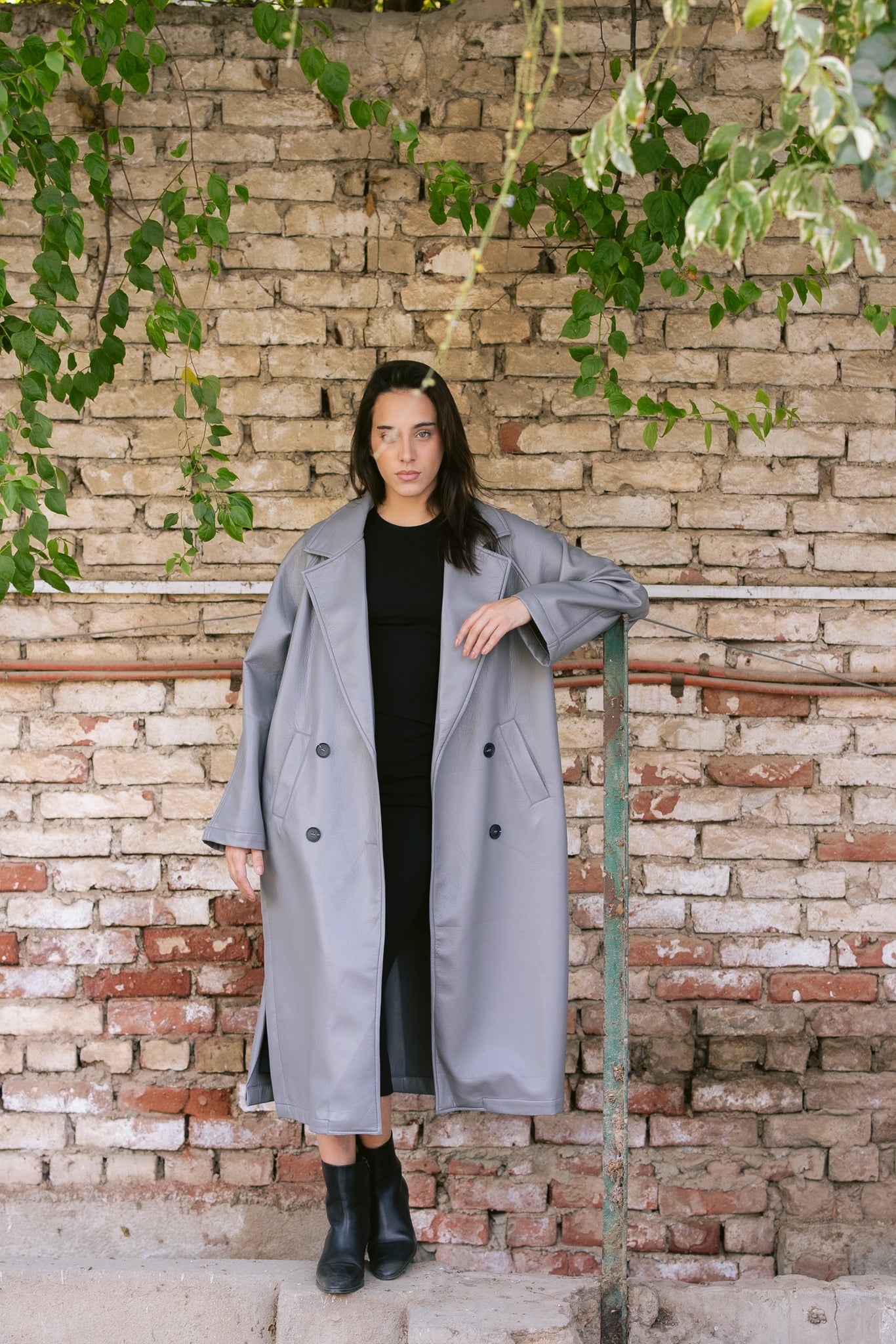 Double-Breasted Leather Coat - Grey