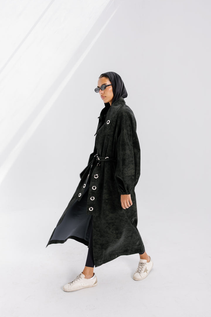 Matte Leather Coat - Olive