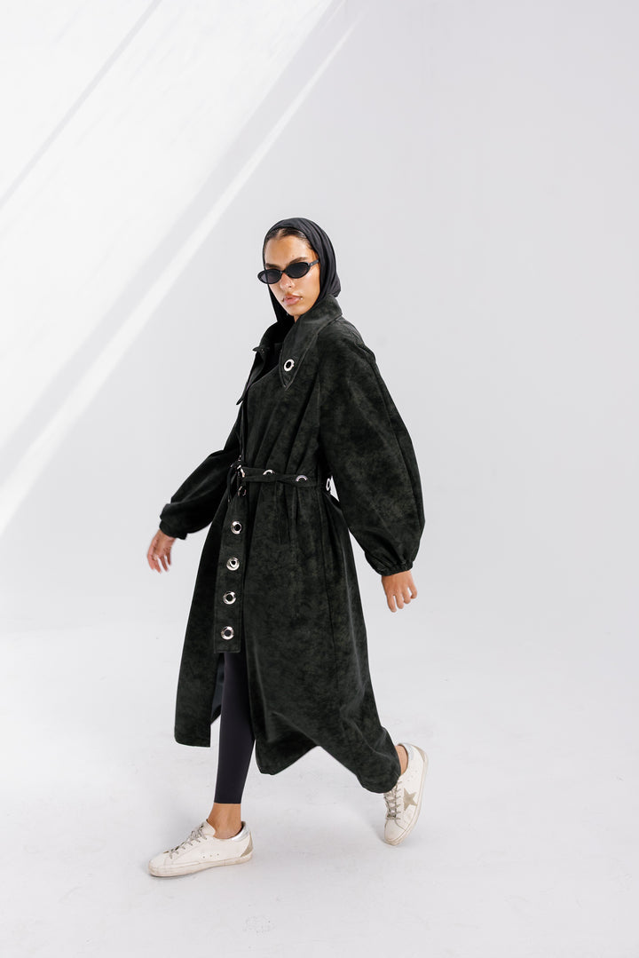 Matte Leather Coat - Olive