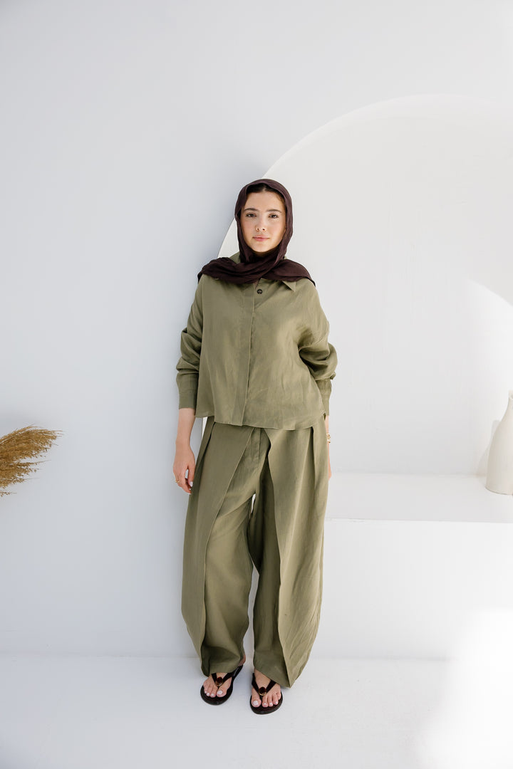 Double Buttoned Linen Pants - Olive