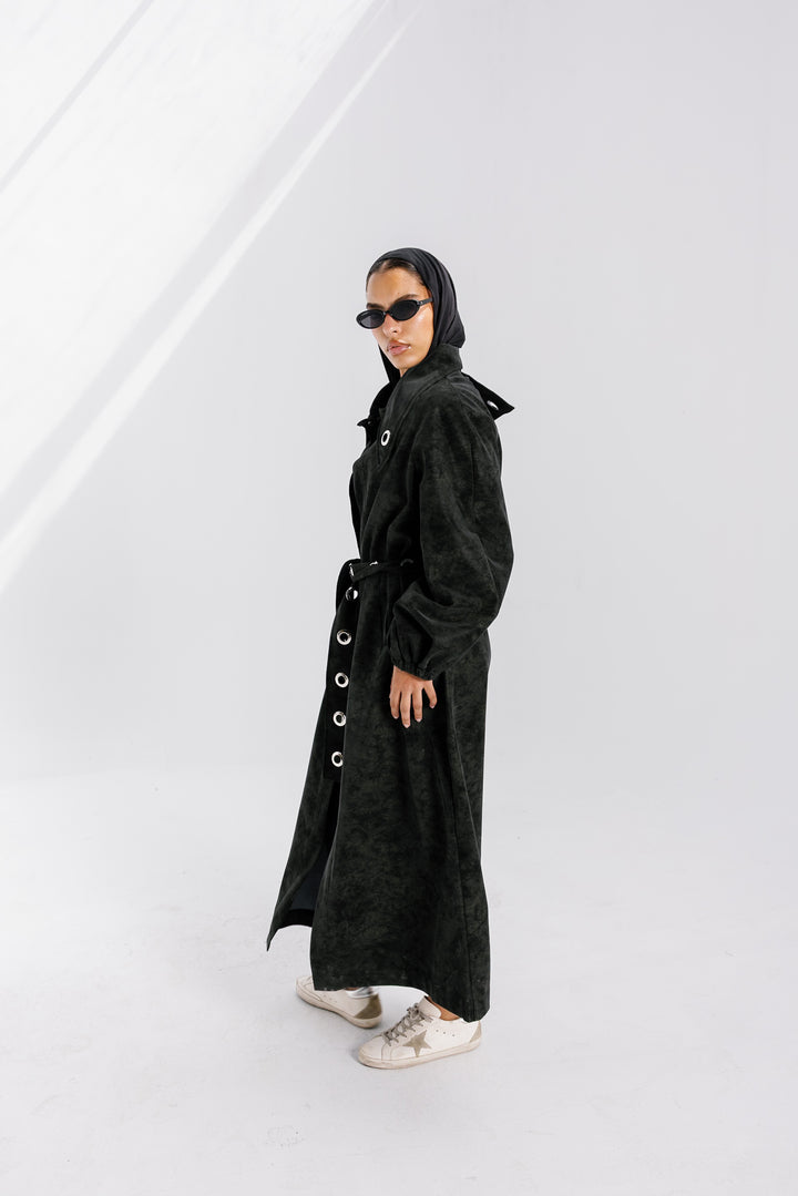 Matte Leather Coat - Olive