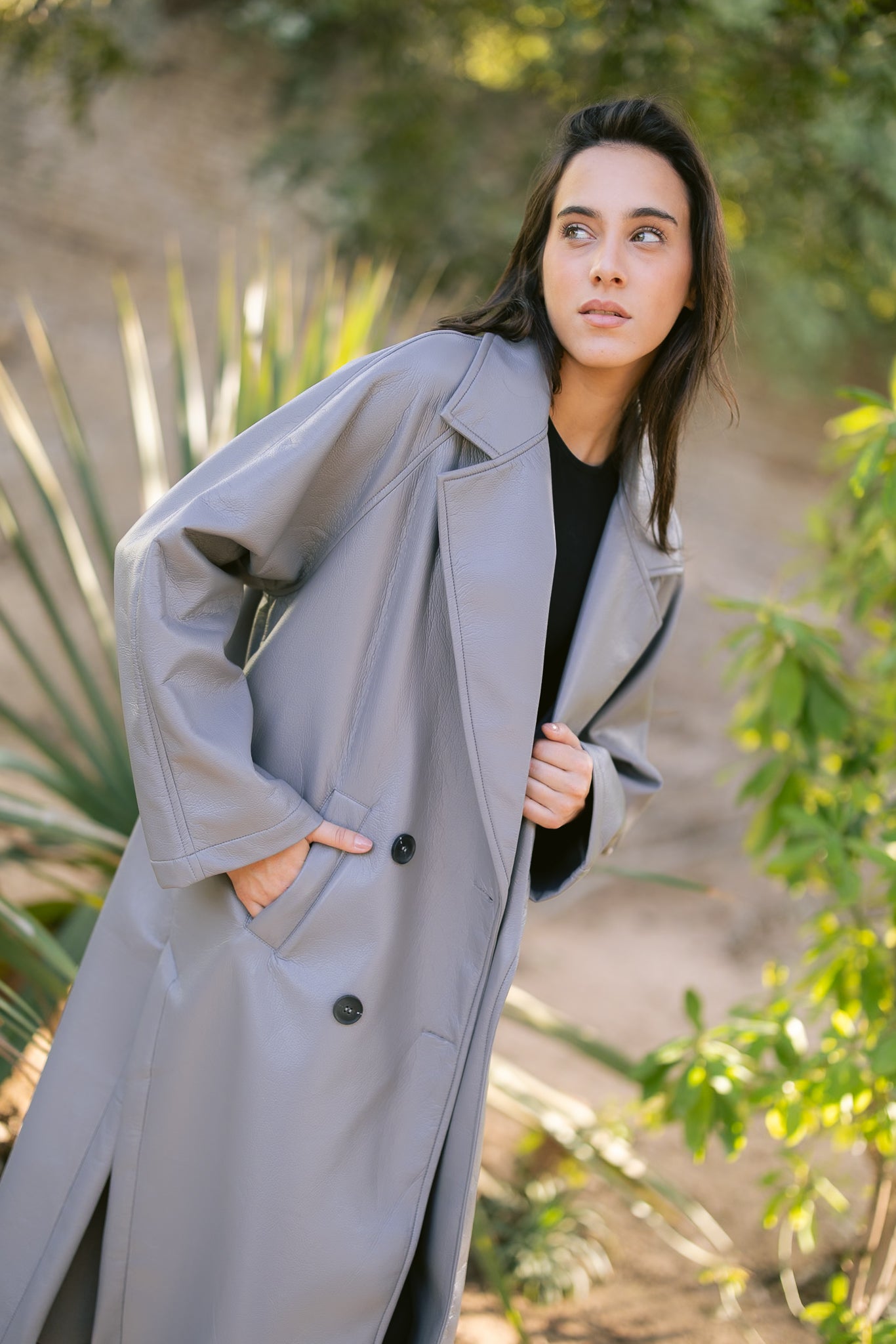 Double-Breasted Leather Coat - Grey