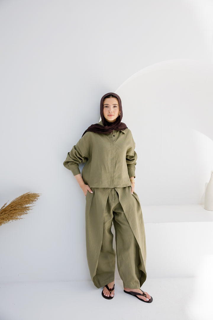 Double Buttoned Linen Pants - Olive