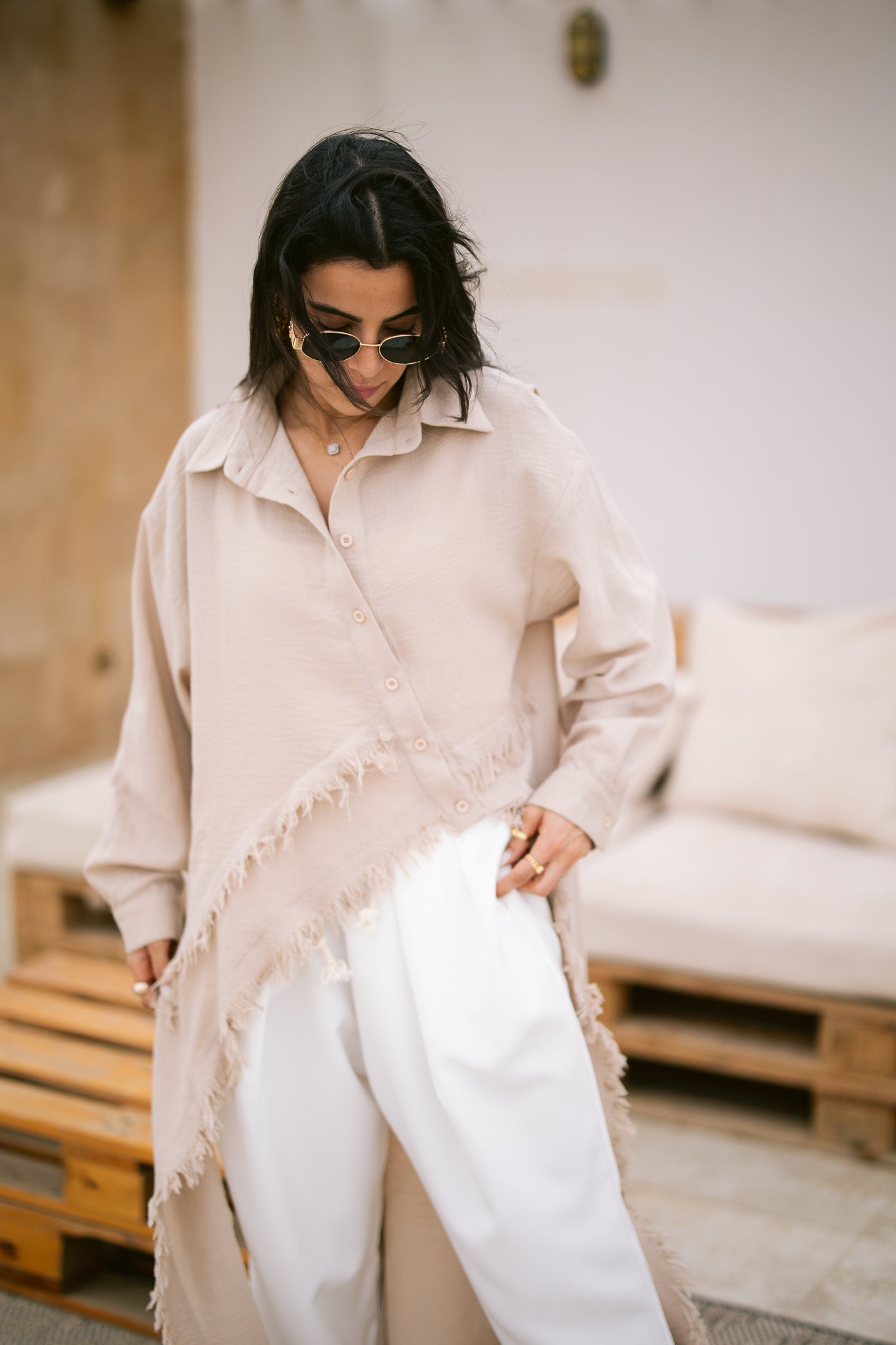Fringed Sided Shirt in Beige