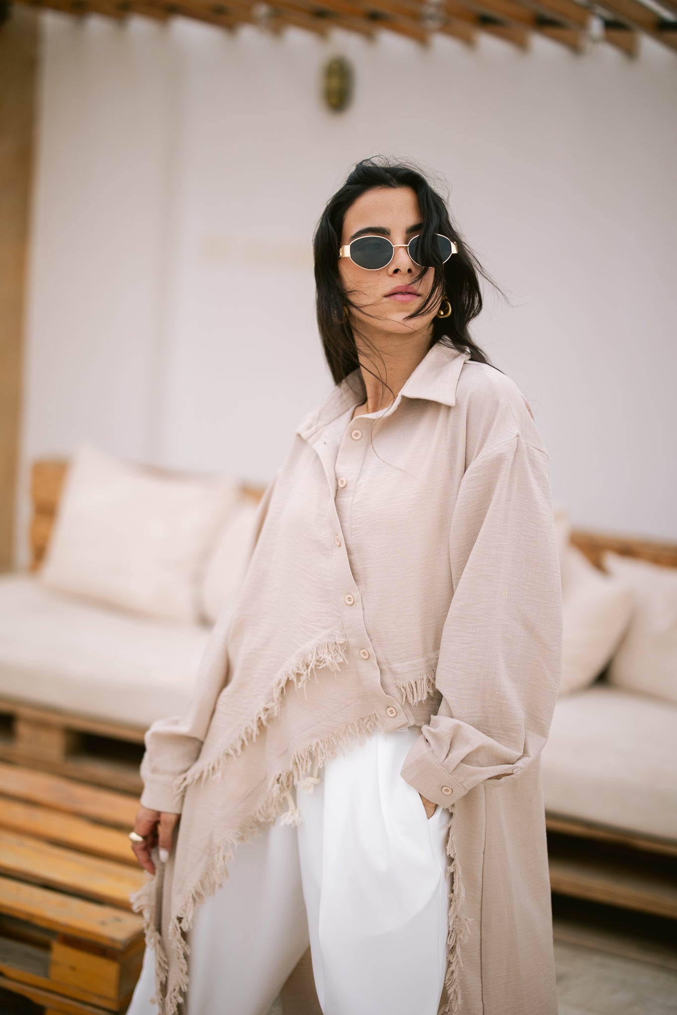 Fringed Sided Shirt in Beige