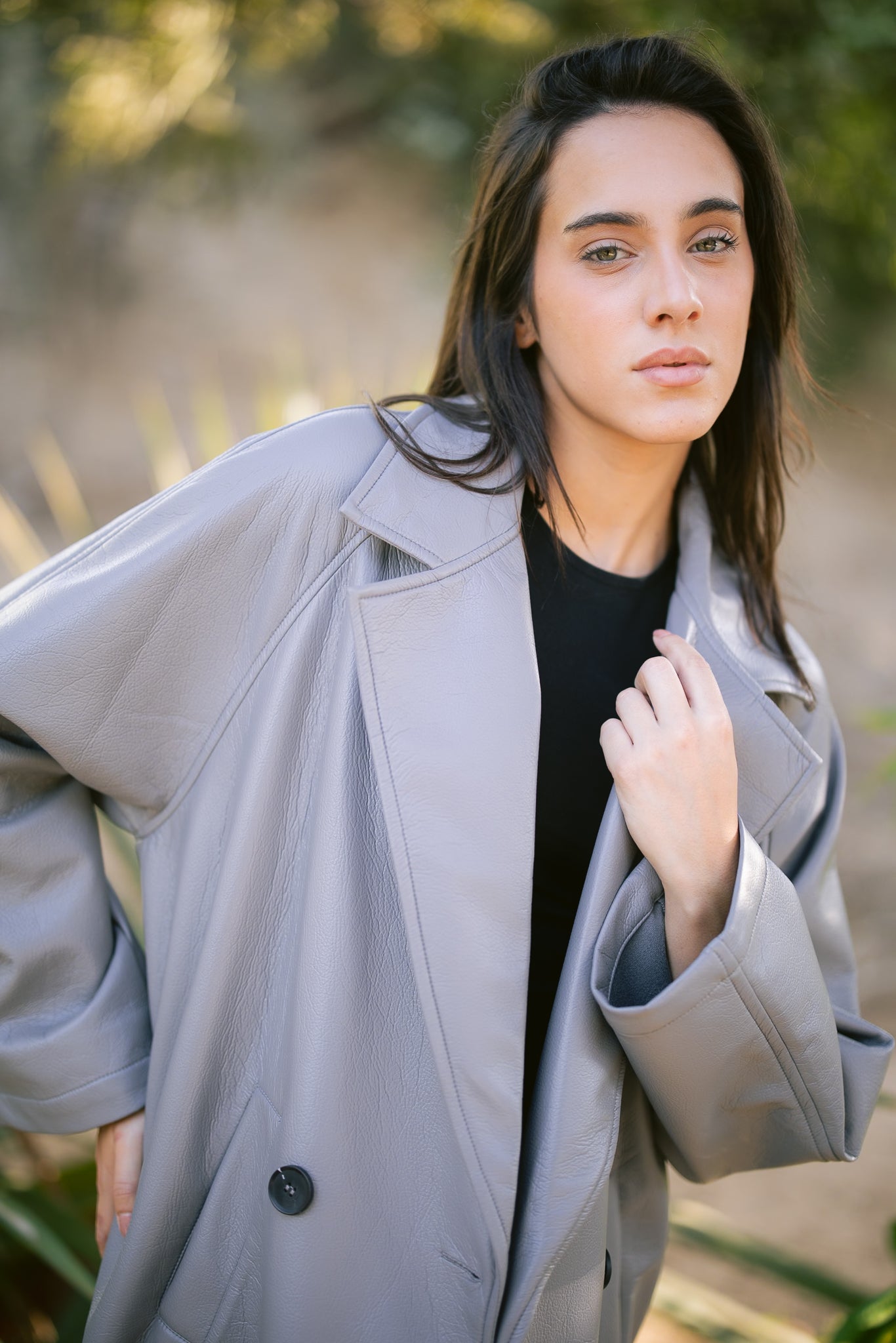 Double-Breasted Leather Coat - Grey