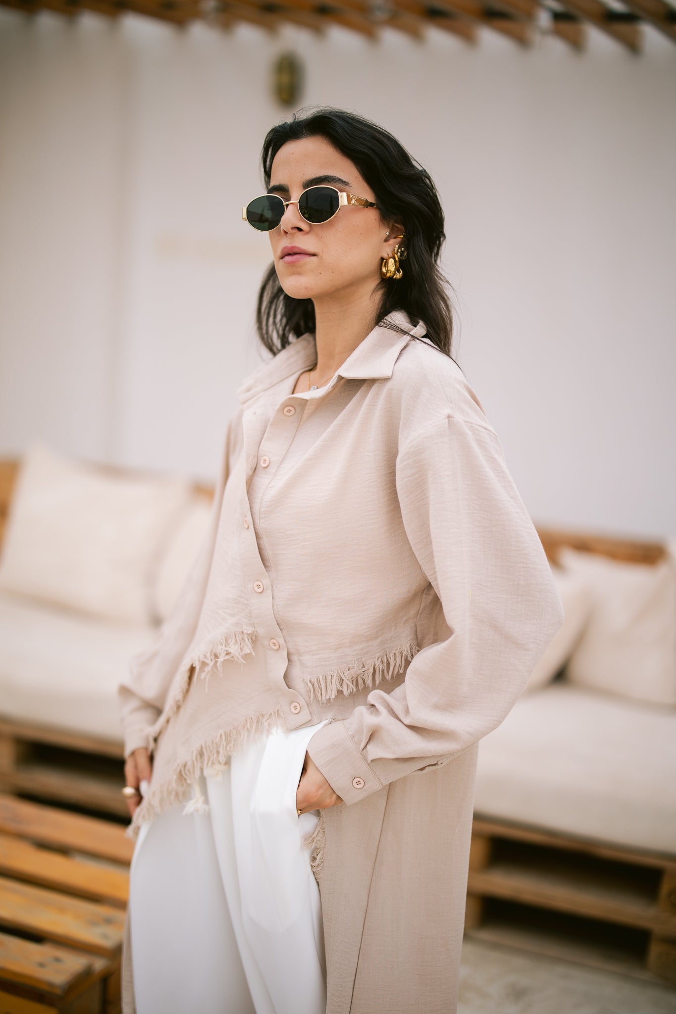Fringed Sided Shirt in Beige