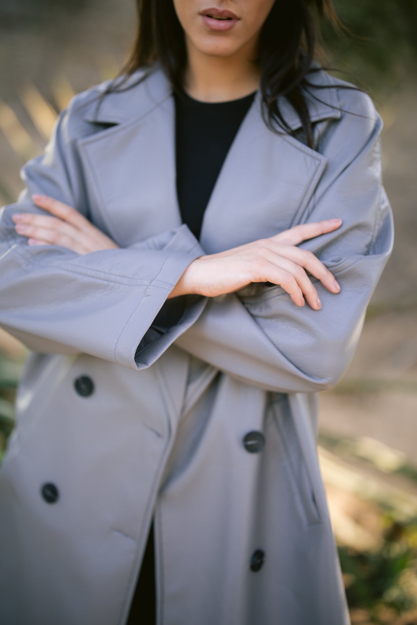 Double-Breasted Leather Coat - Grey