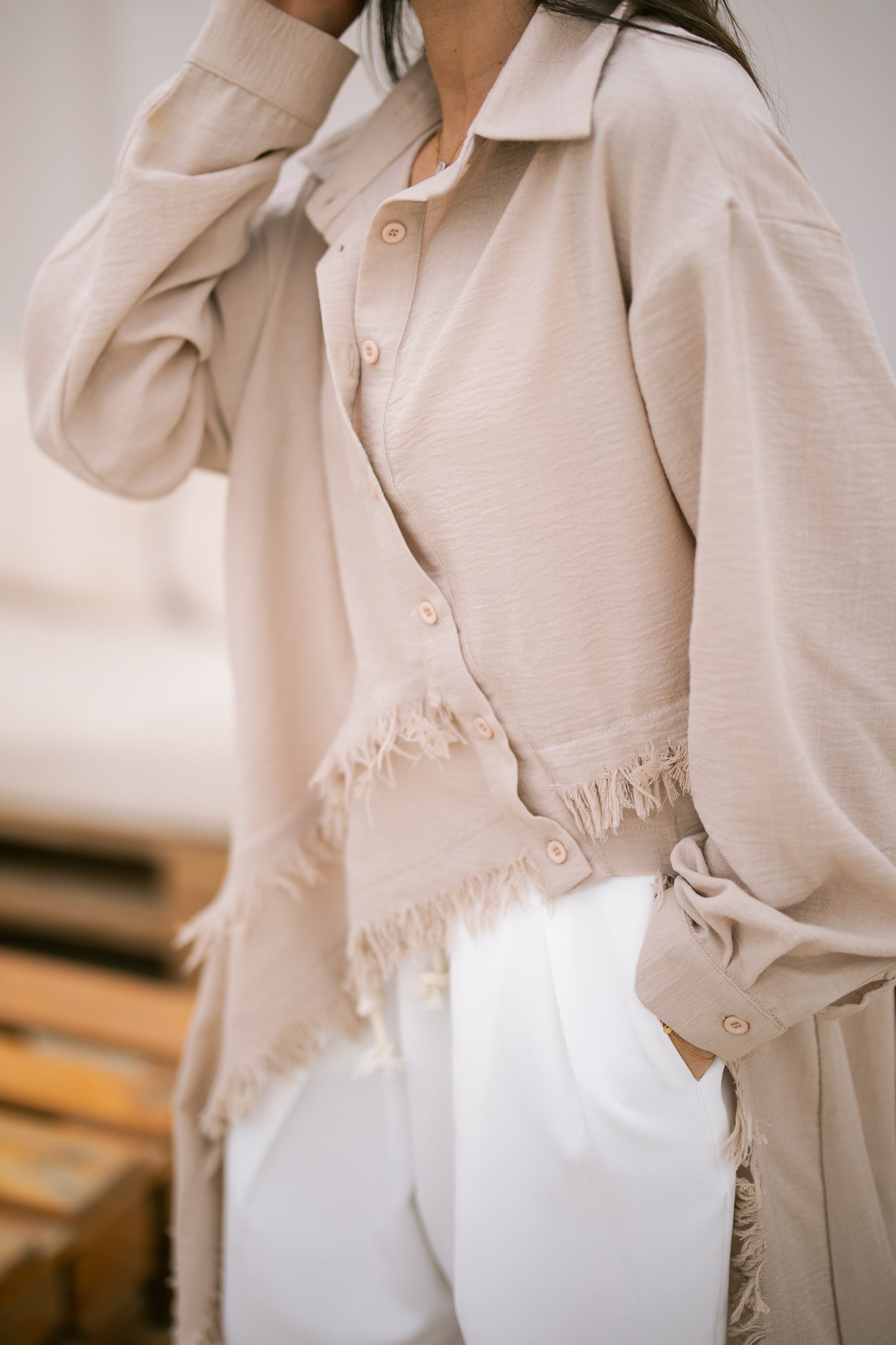 Fringed Sided Shirt in Beige