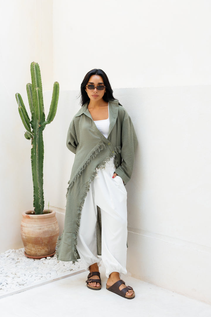 Fringed Sided Shirt in Dark Olive