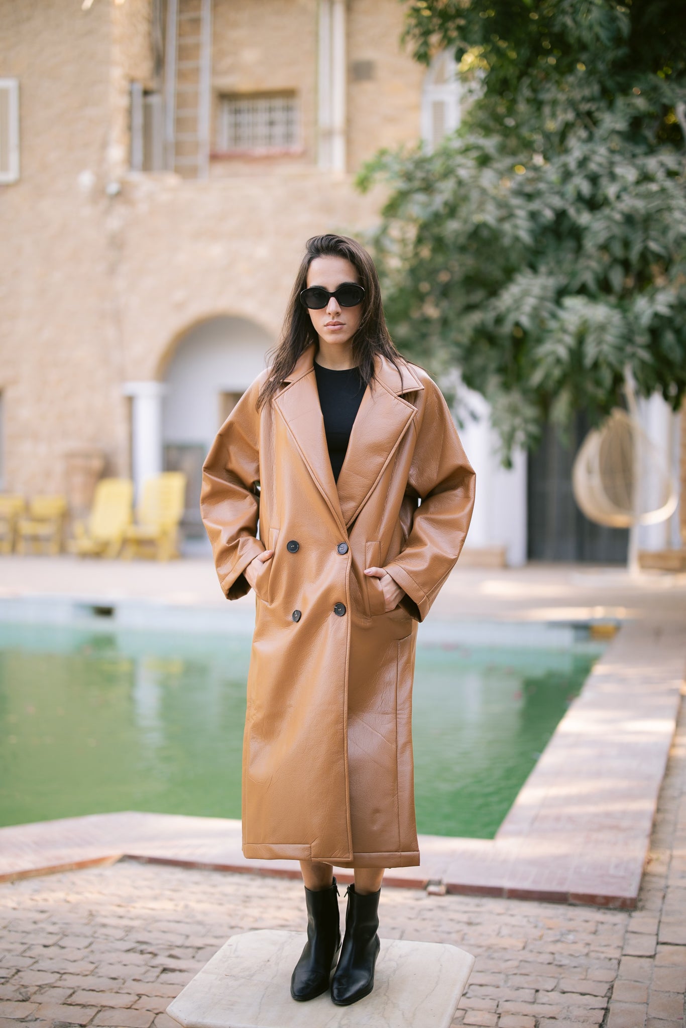 Double-Breasted Leather Coat - Camel