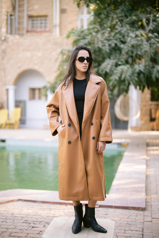 Double-Breasted Leather Coat - Camel