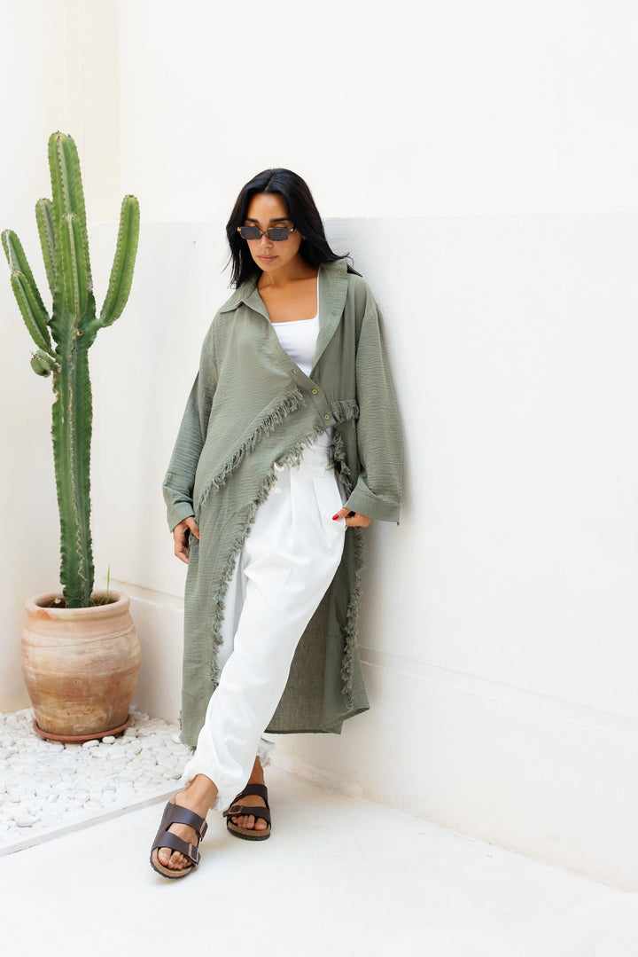Fringed Sided Shirt in Dark Olive