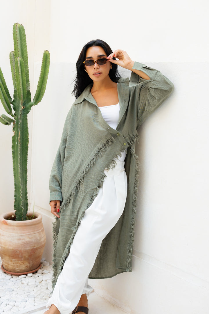 Fringed Sided Shirt in Dark Olive
