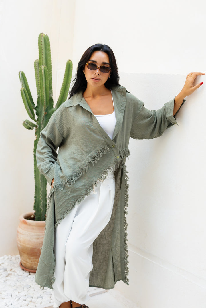 Fringed Sided Shirt in Dark Olive