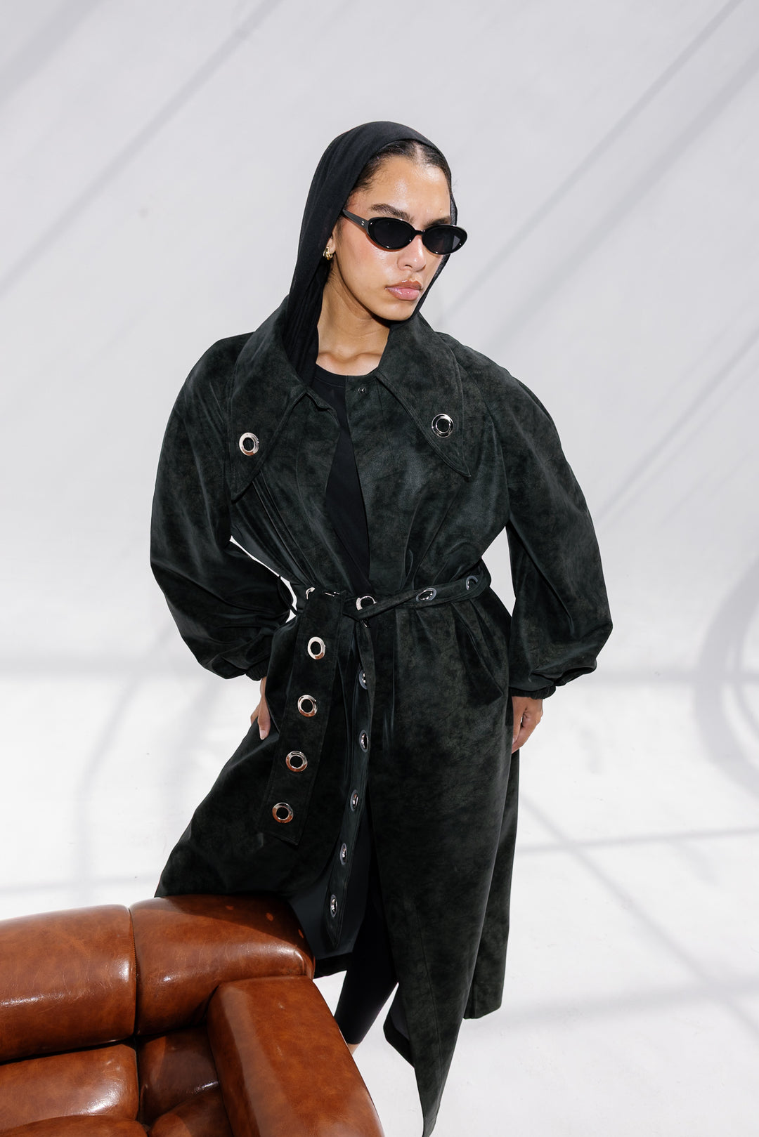 Matte Leather Coat - Olive