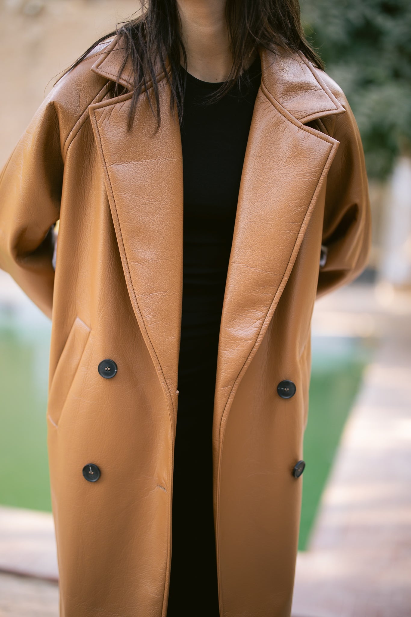 Double-Breasted Leather Coat - Camel