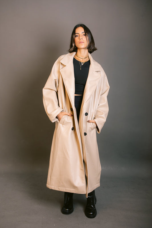 Double-Breasted Leather Coat - Beige