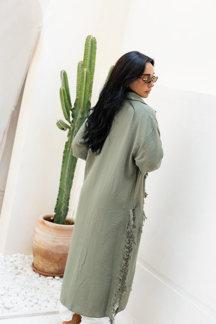 Fringed Sided Shirt in Dark Olive