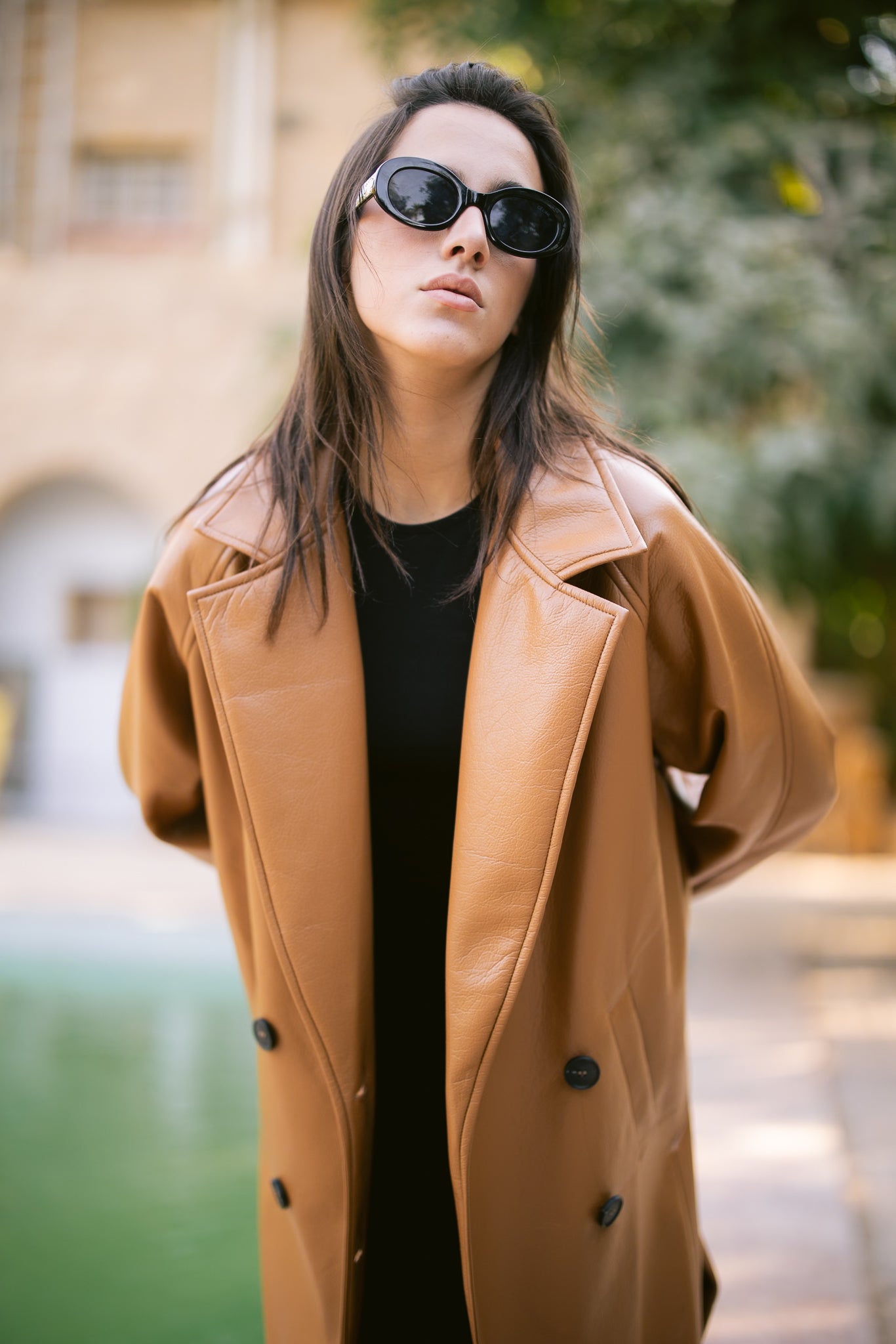 Double-Breasted Leather Coat - Camel