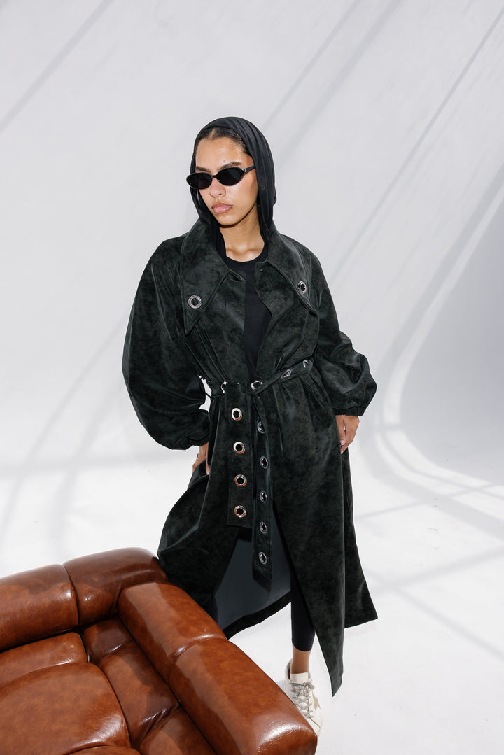 Matte Leather Coat - Olive